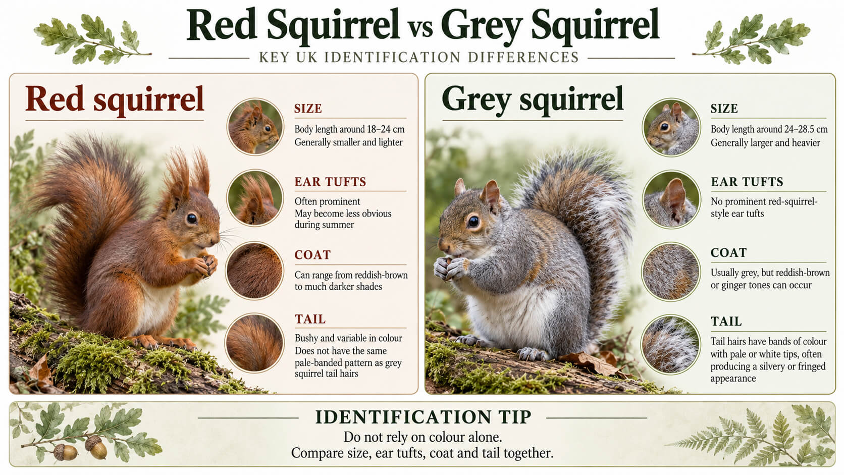 Infographic comparing red and grey squirrel size, coat colour, ear tufts and tail features in the UK