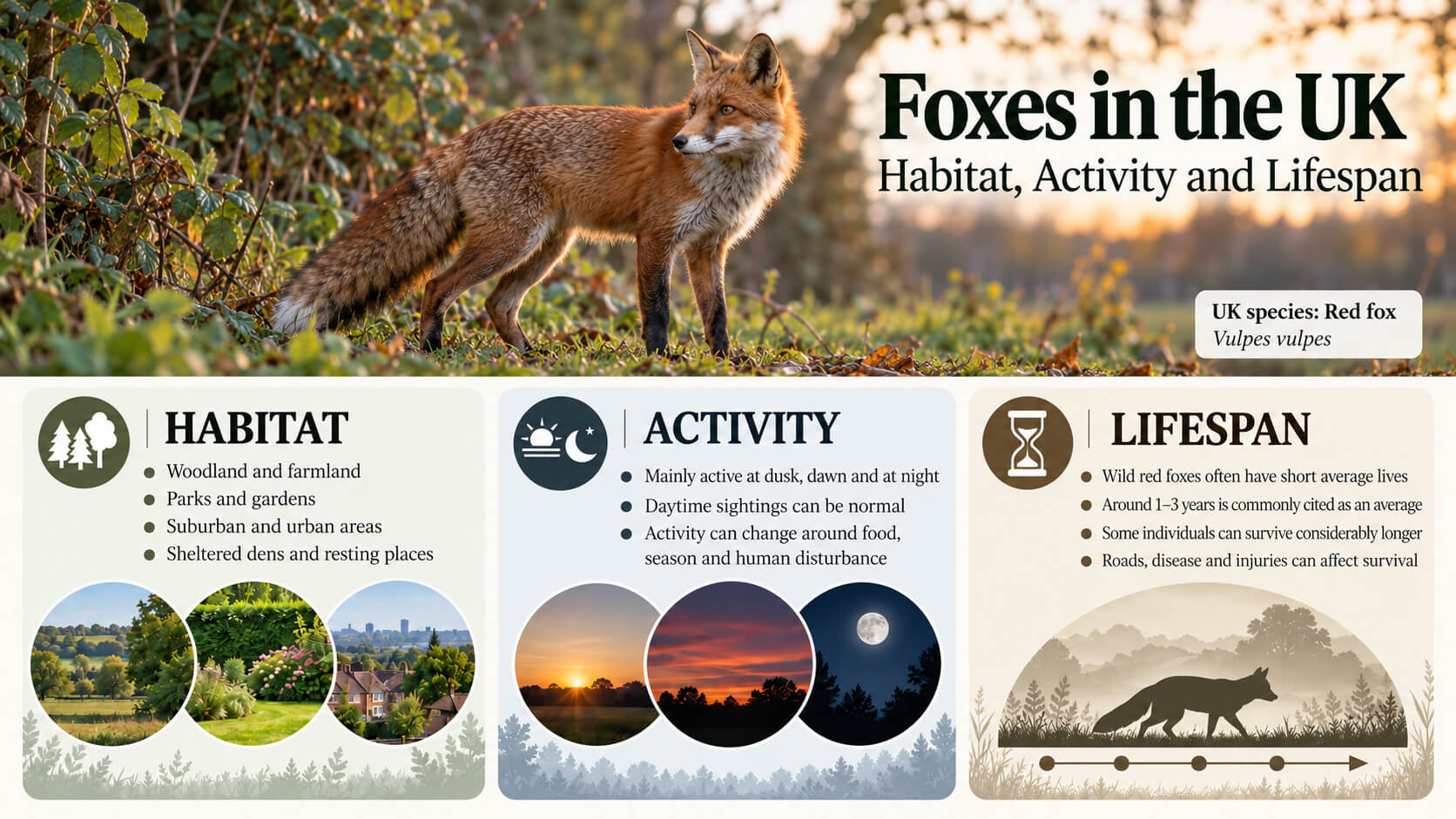 Foxes in the UK infographic showing habitat, activity times and lifespan