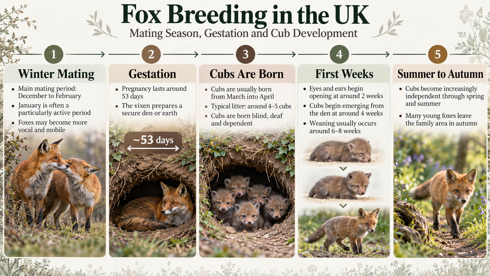 Fox breeding infographic showing mating season, gestation, birth and cub development in the UK