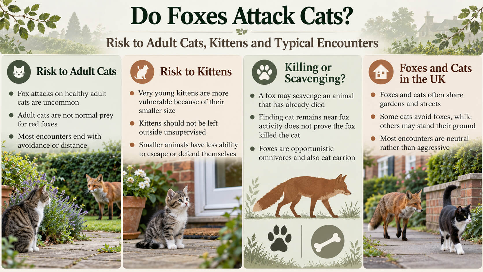 Foxes and cats infographic showing risk to adult cats, kittens and typical UK encounters