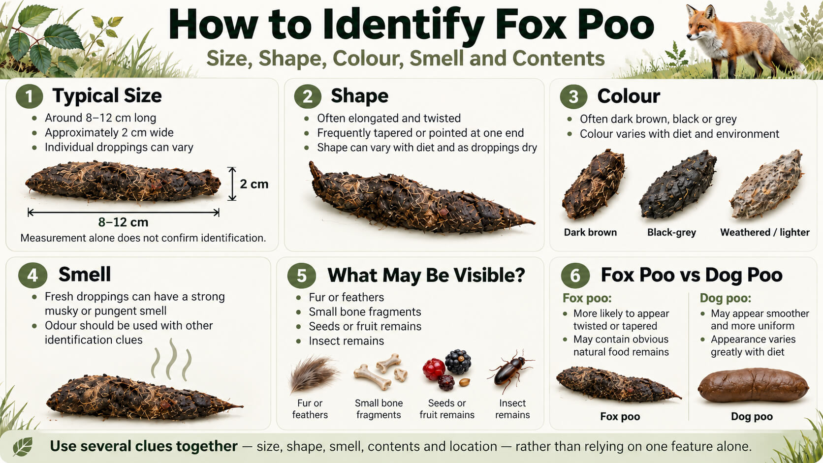 Fox poo identification infographic showing size, shape, colour, smell and contents