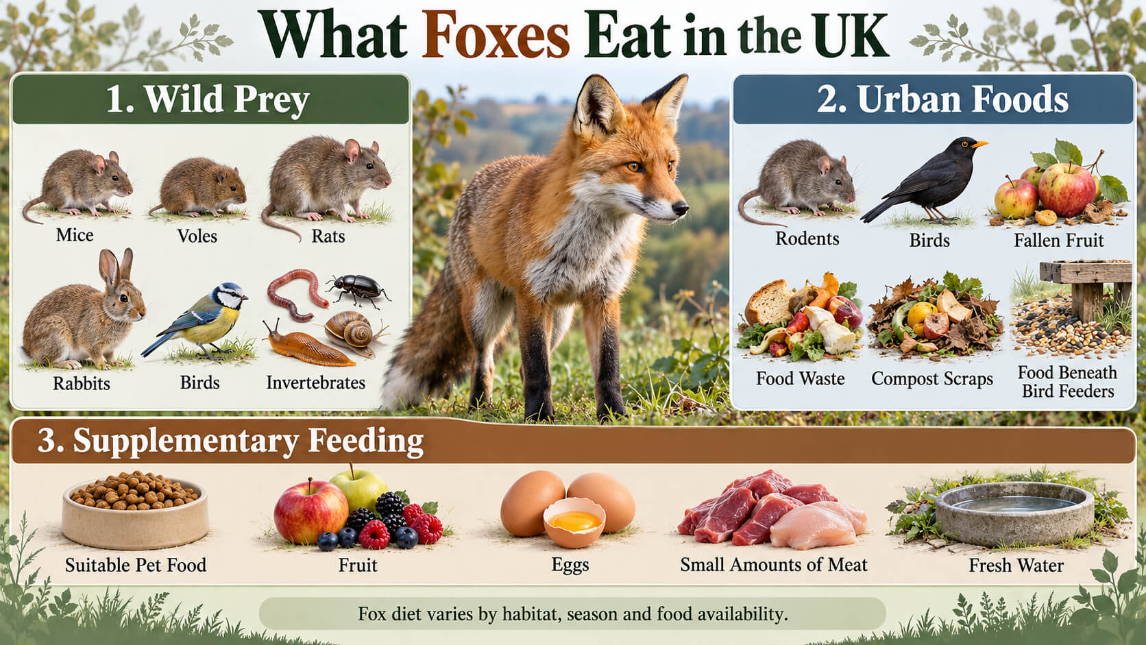Fox diet infographic showing wild prey, urban foods and suitable supplementary feeding