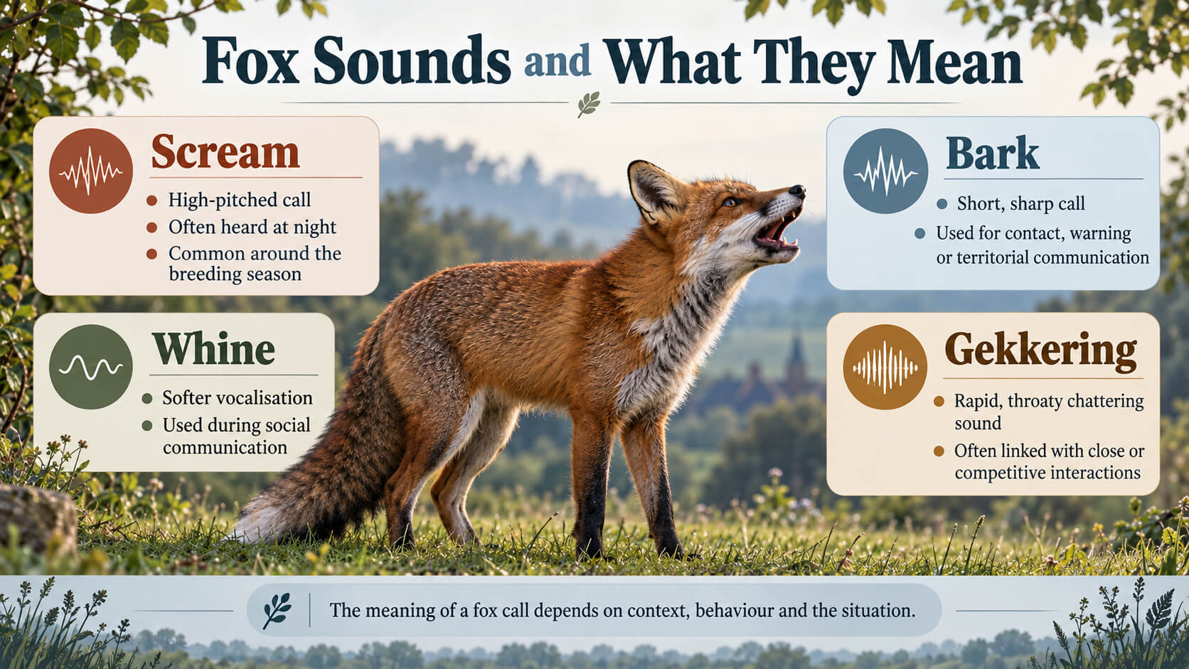 Fox sounds infographic showing screams, barks, whines and gekkering with common meanings