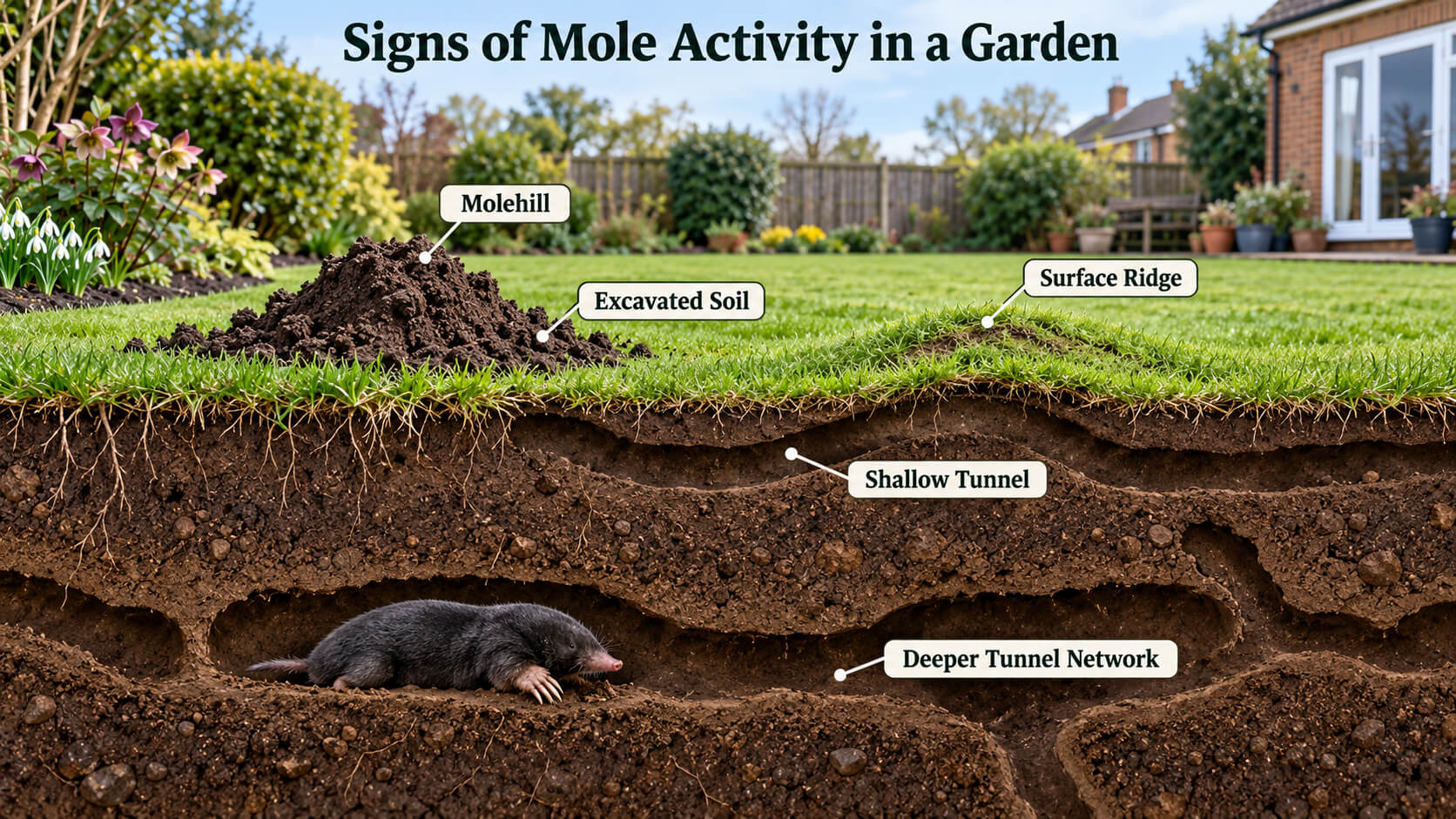 Cross-section showing molehills, surface ridges, shallow tunnels and deeper mole tunnels beneath a British garden lawn