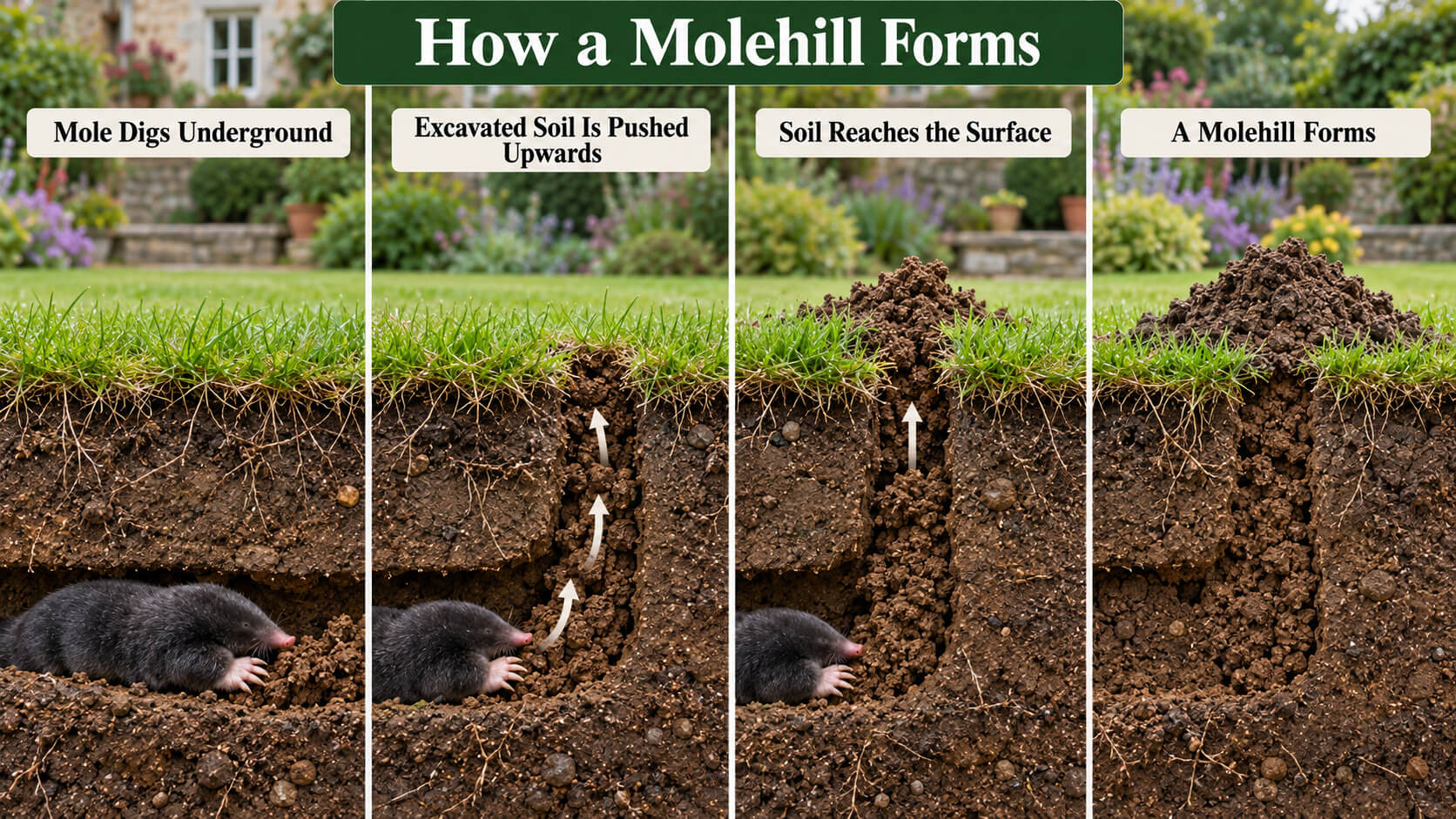 Four-stage diagram showing how excavated soil is pushed to the surface to form a molehill