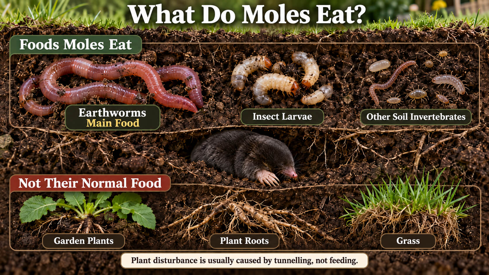 Infographic showing earthworms and soil invertebrates eaten by moles and plants and roots that are not their normal food