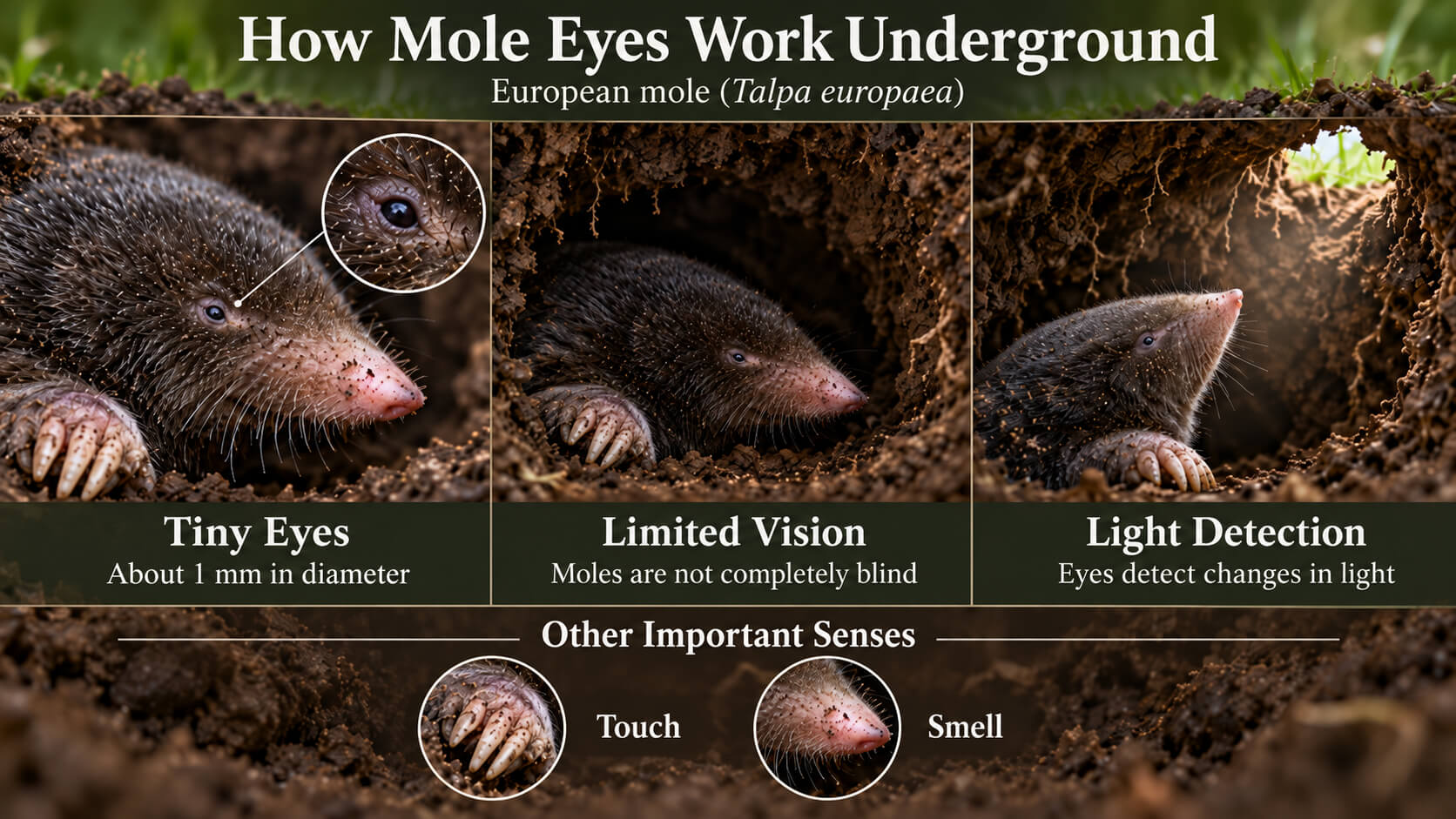 Infographic explaining the tiny eyes, limited vision and light detection of European moles