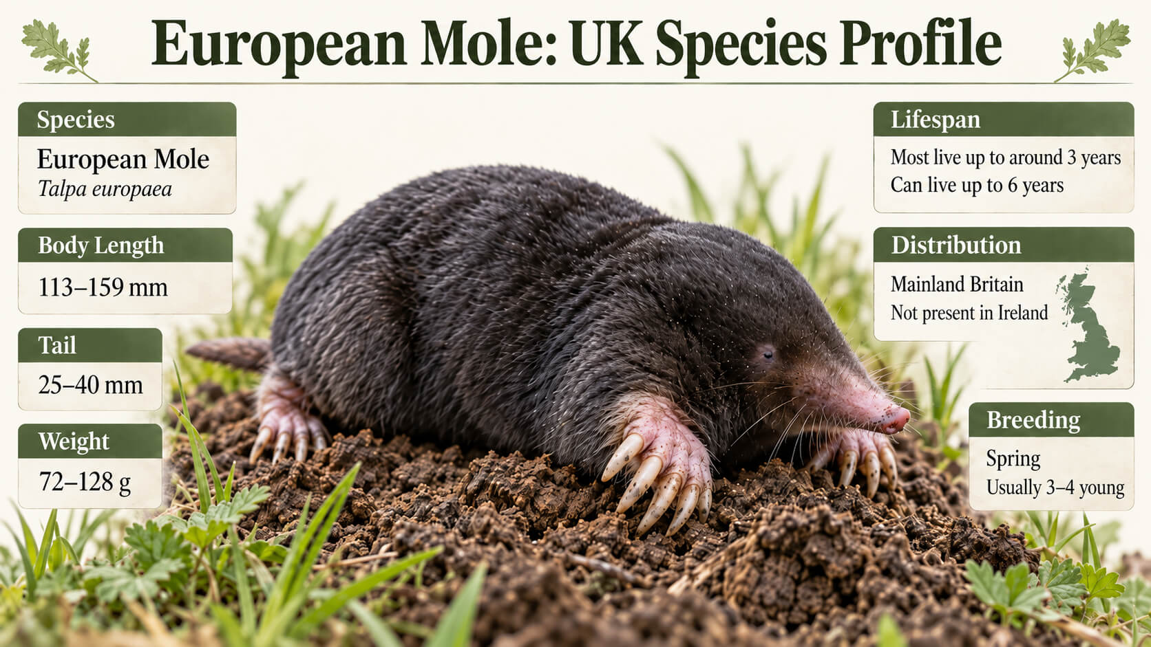European mole UK species profile showing body size, weight, lifespan, distribution and breeding facts