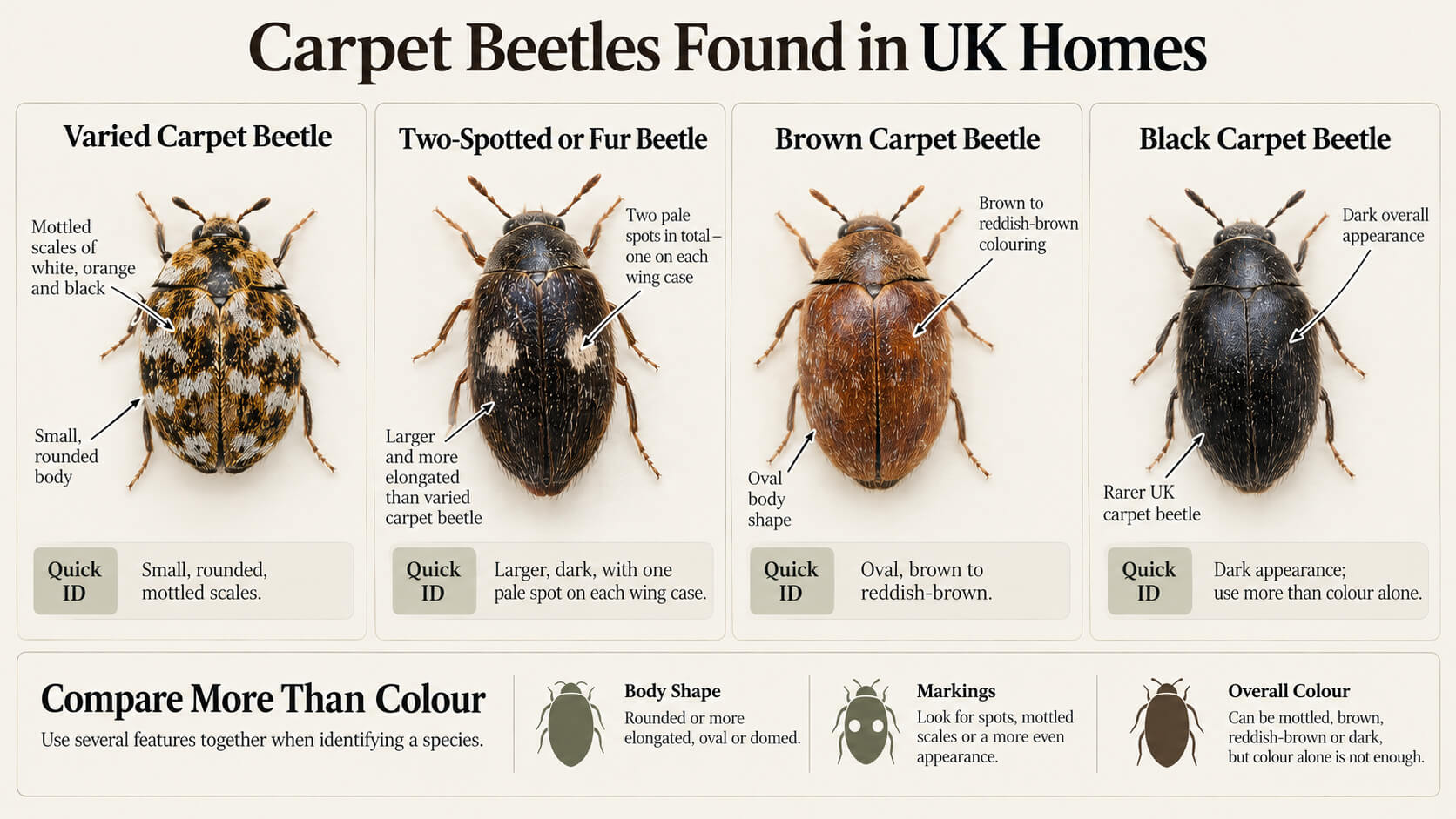 Carpet beetle identification infographic comparing varied, two-spotted, brown and black carpet beetles found in the UK