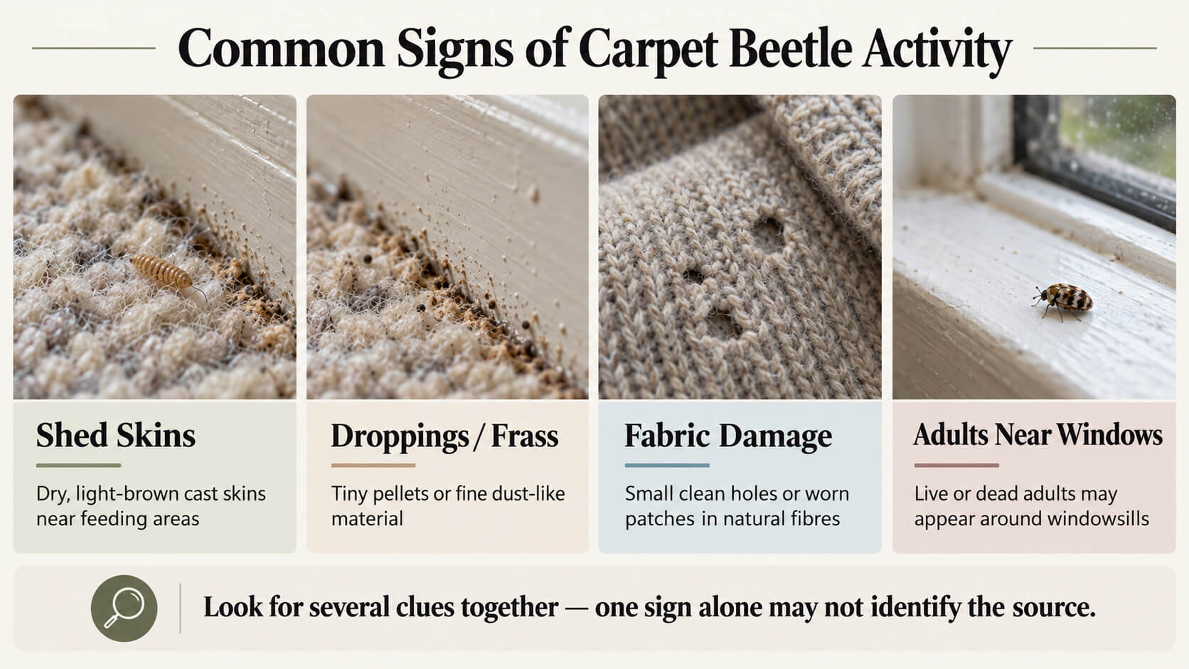 Infographic showing common signs of carpet beetle activity including shed skins, droppings, fabric damage and adults near windows