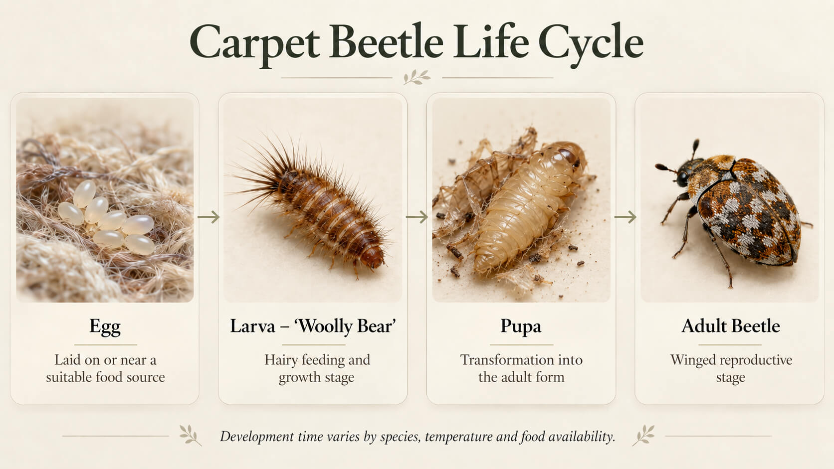 Carpet beetle life cycle infographic showing egg, larva, pupa and adult stages