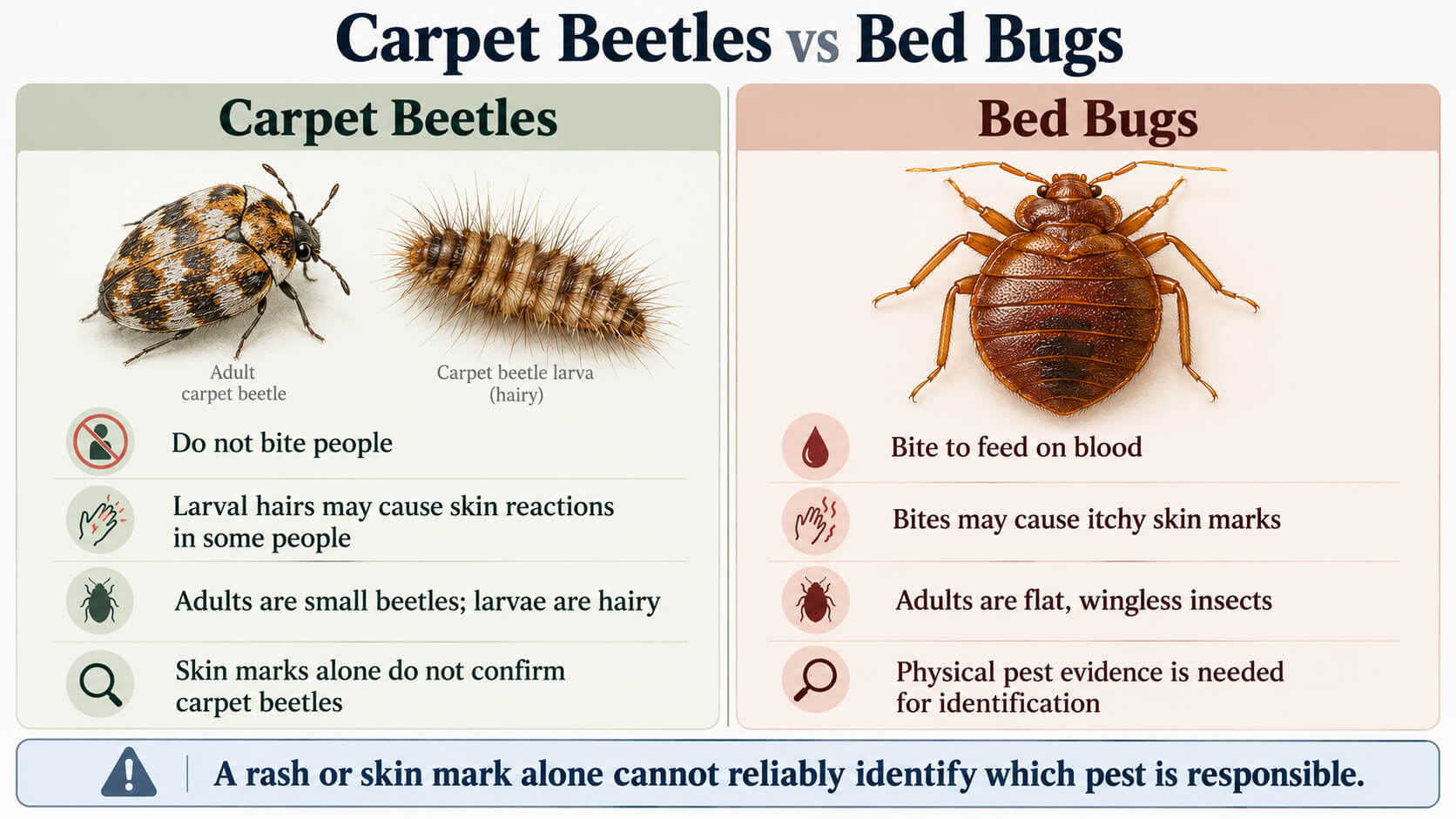 Infographic comparing carpet beetles and bed bugs, including biting behaviour and skin-reaction differences