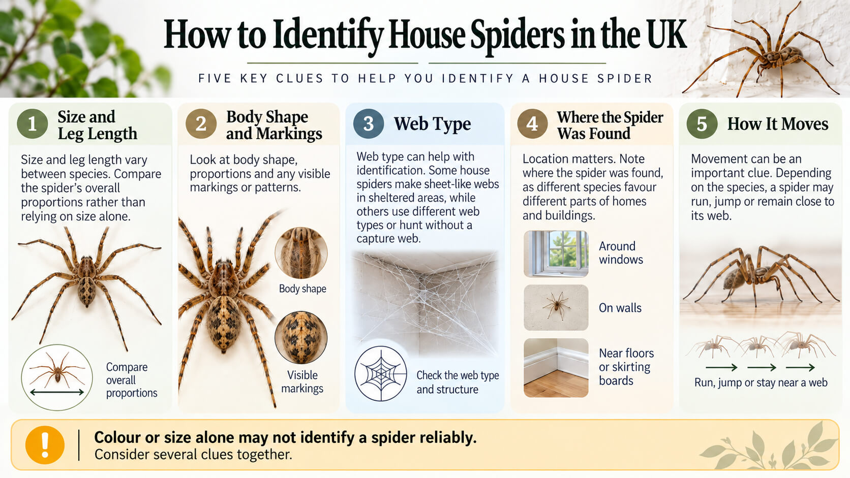 UK house spider identification infographic showing size, markings, web type, location and movement