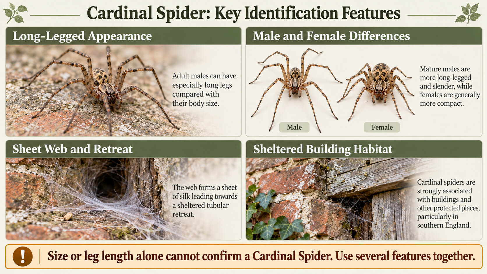 Cardinal spider identification infographic showing long legs, male and female differences, web and habitat