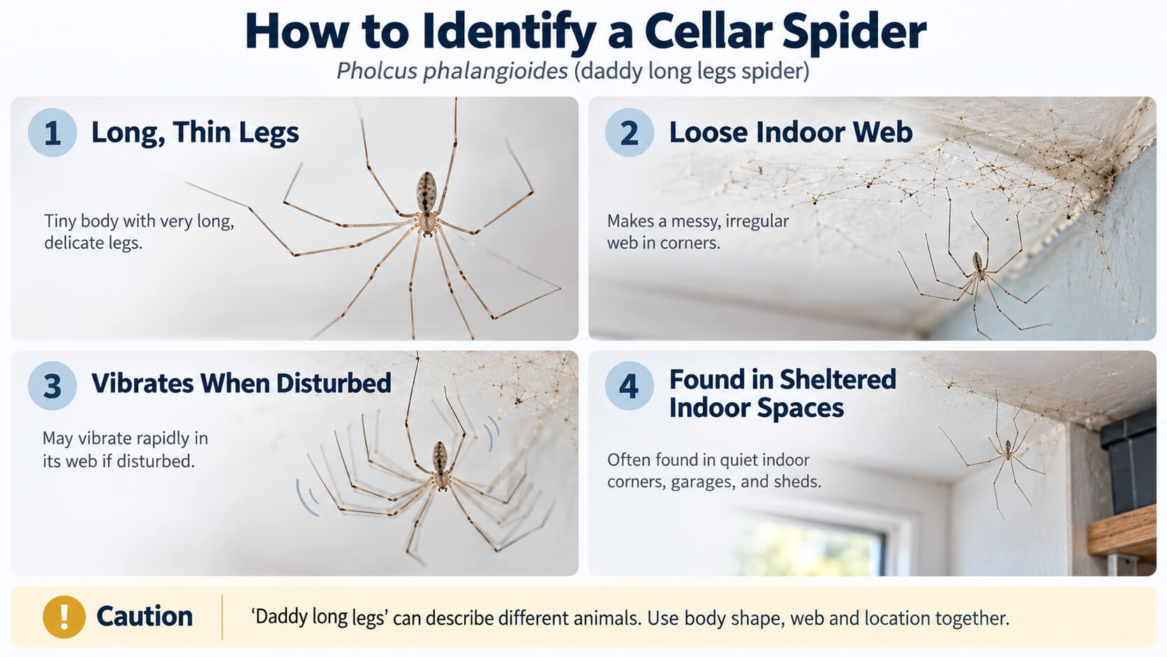 Cellar spider identification infographic showing long thin legs, loose web, vibrating behaviour and indoor habitat