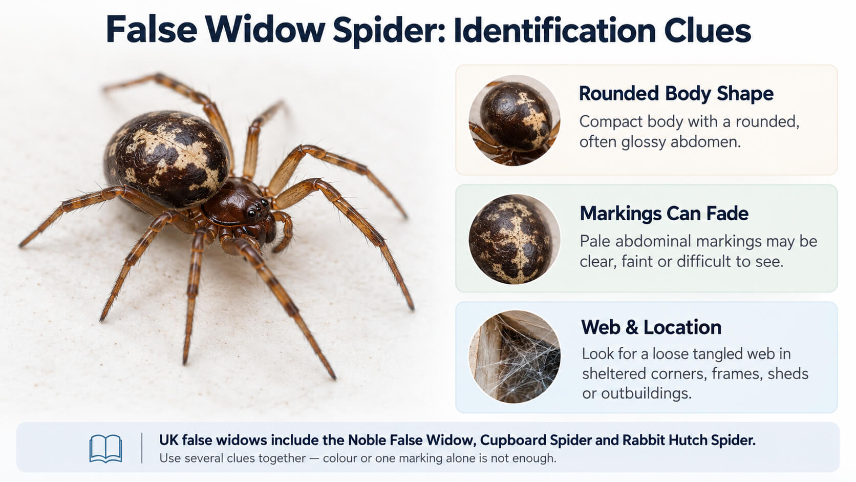 False widow spider infographic showing body shape, variable markings, web and sheltered habitat