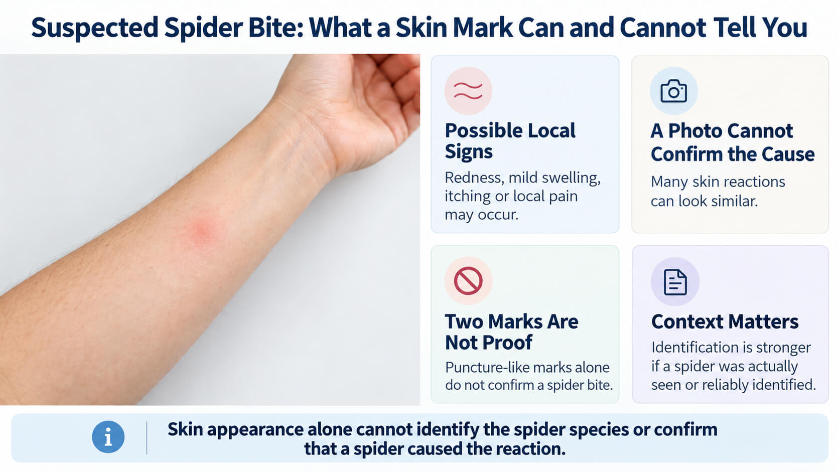 Suspected spider bite infographic explaining why skin marks and pictures cannot confirm the cause