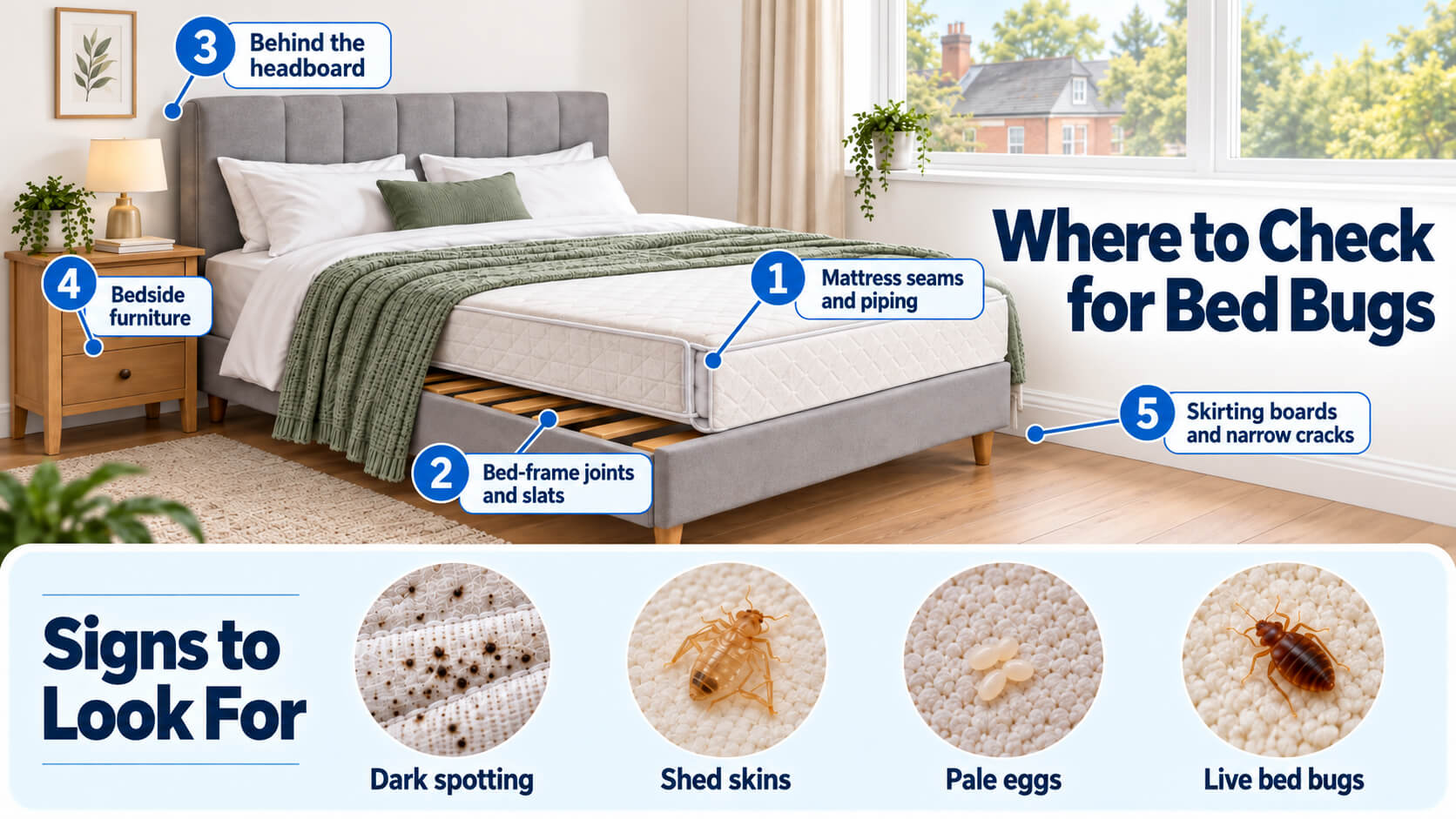Infographic showing where to check for bed bugs around a bed and mattress