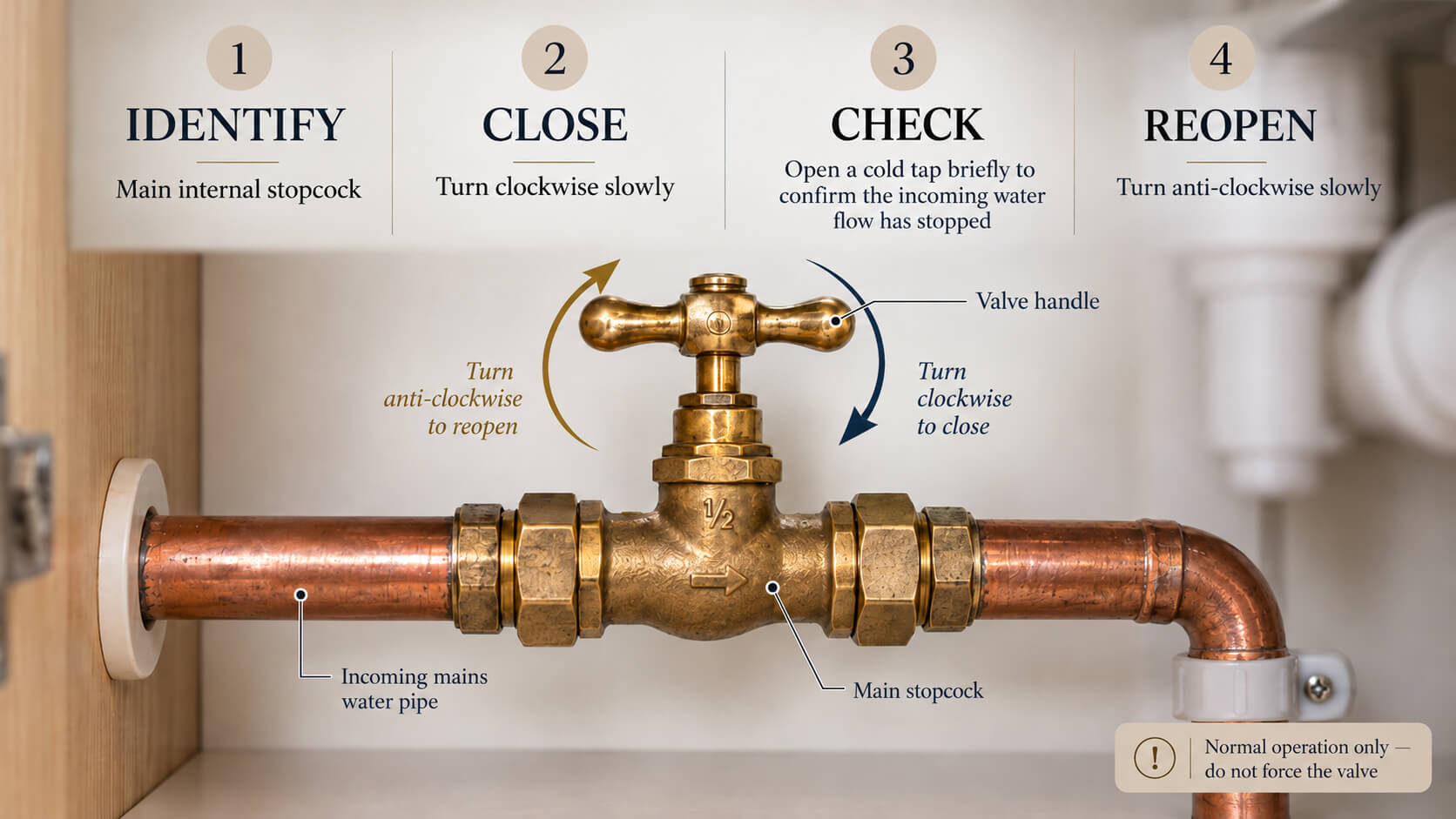 Diagram showing a stopcock turning clockwise to close and anti-clockwise to open