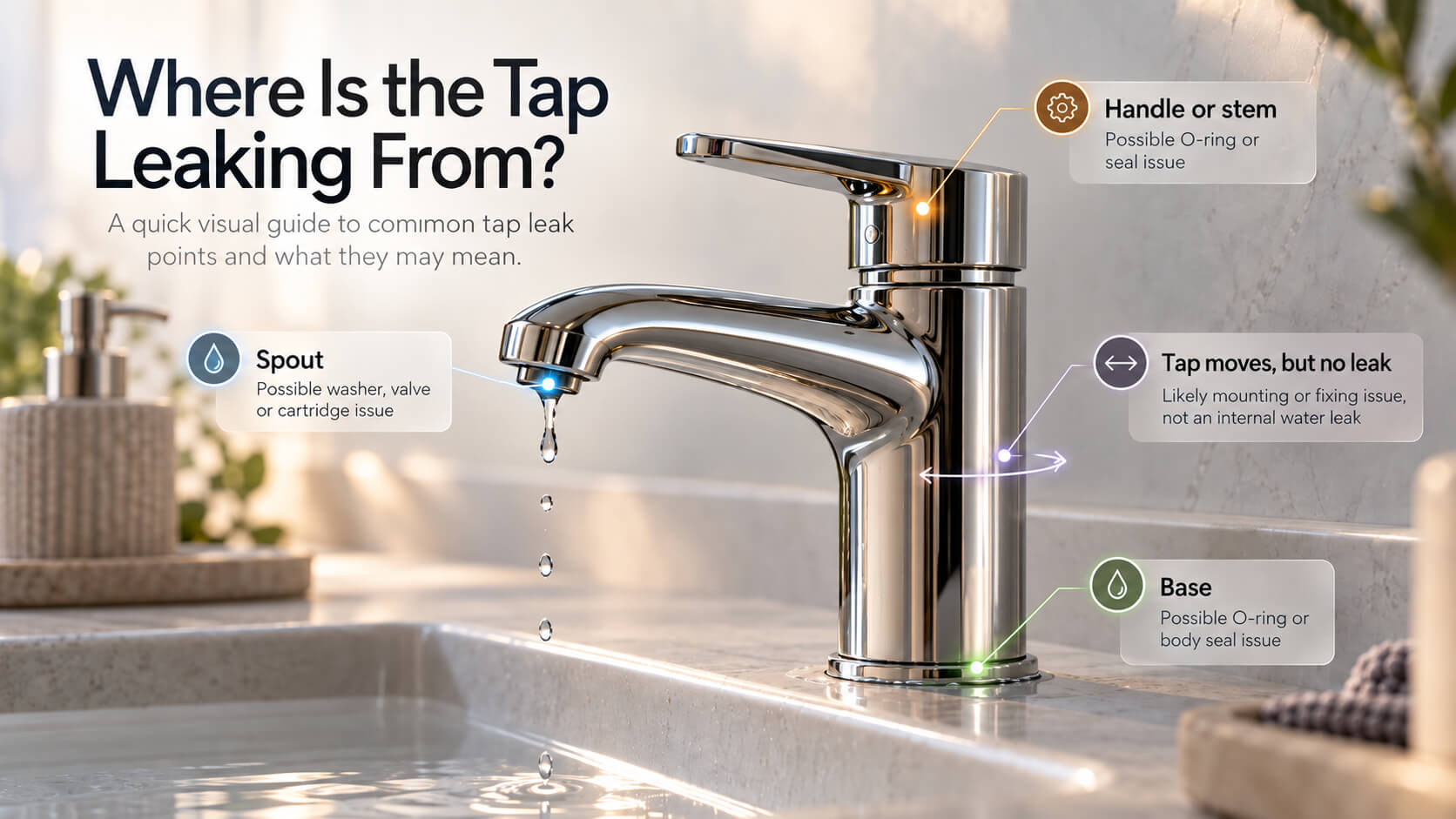 Infographic showing common leaking tap locations at the spout, handle, stem and base