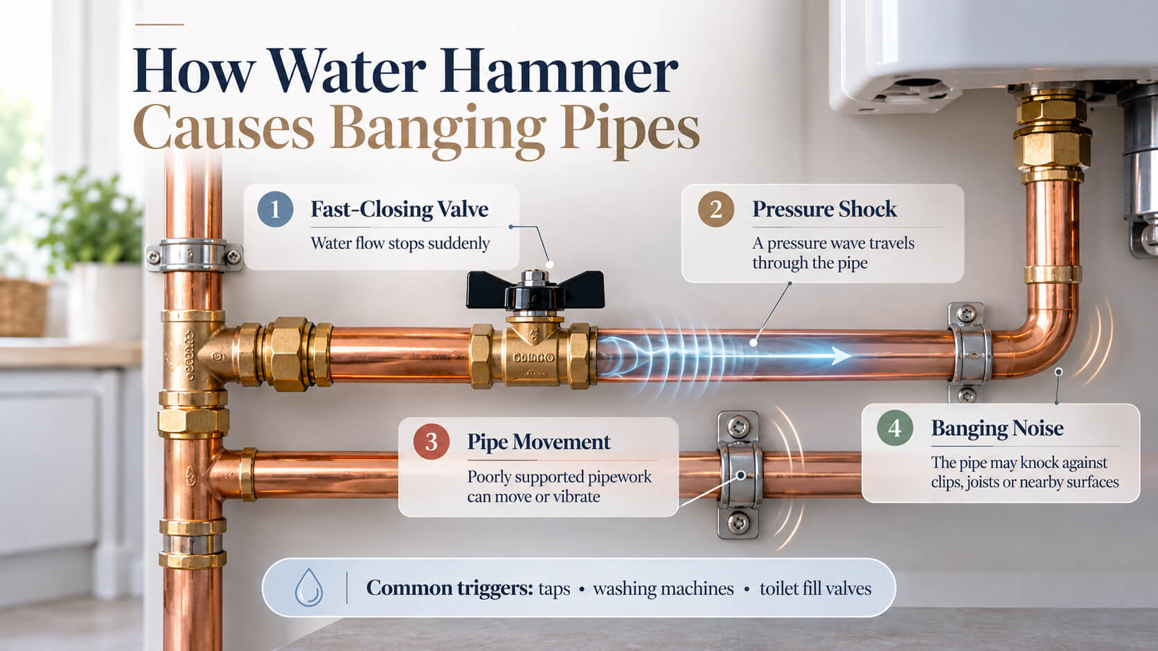 Infographic showing how sudden water flow changes cause water hammer and banging pipes