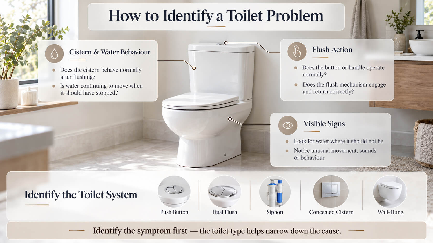 Infographic showing how to identify common toilet problems from symptoms and toilet system type