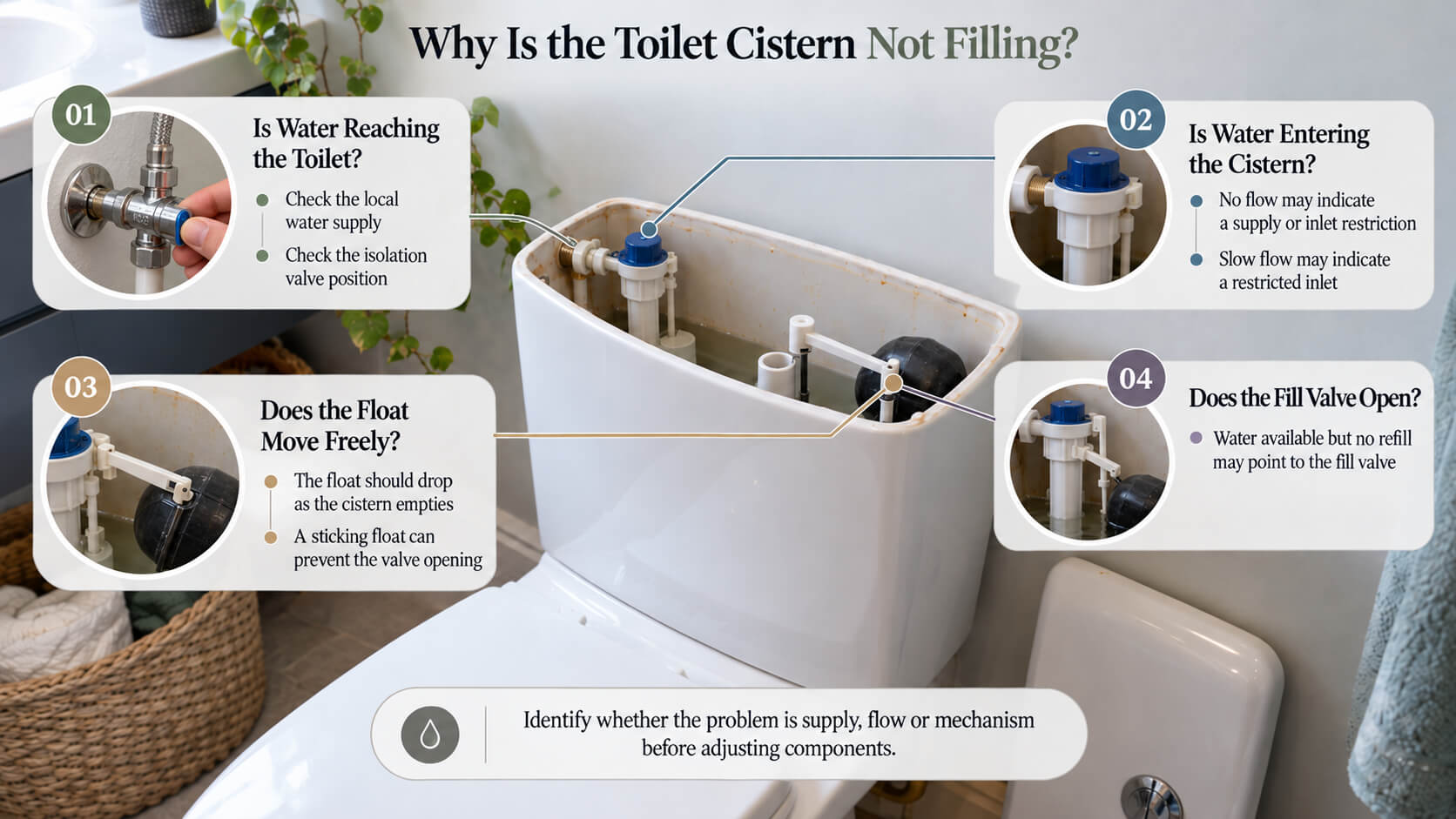 Infographic showing how to diagnose a toilet cistern that is not filling