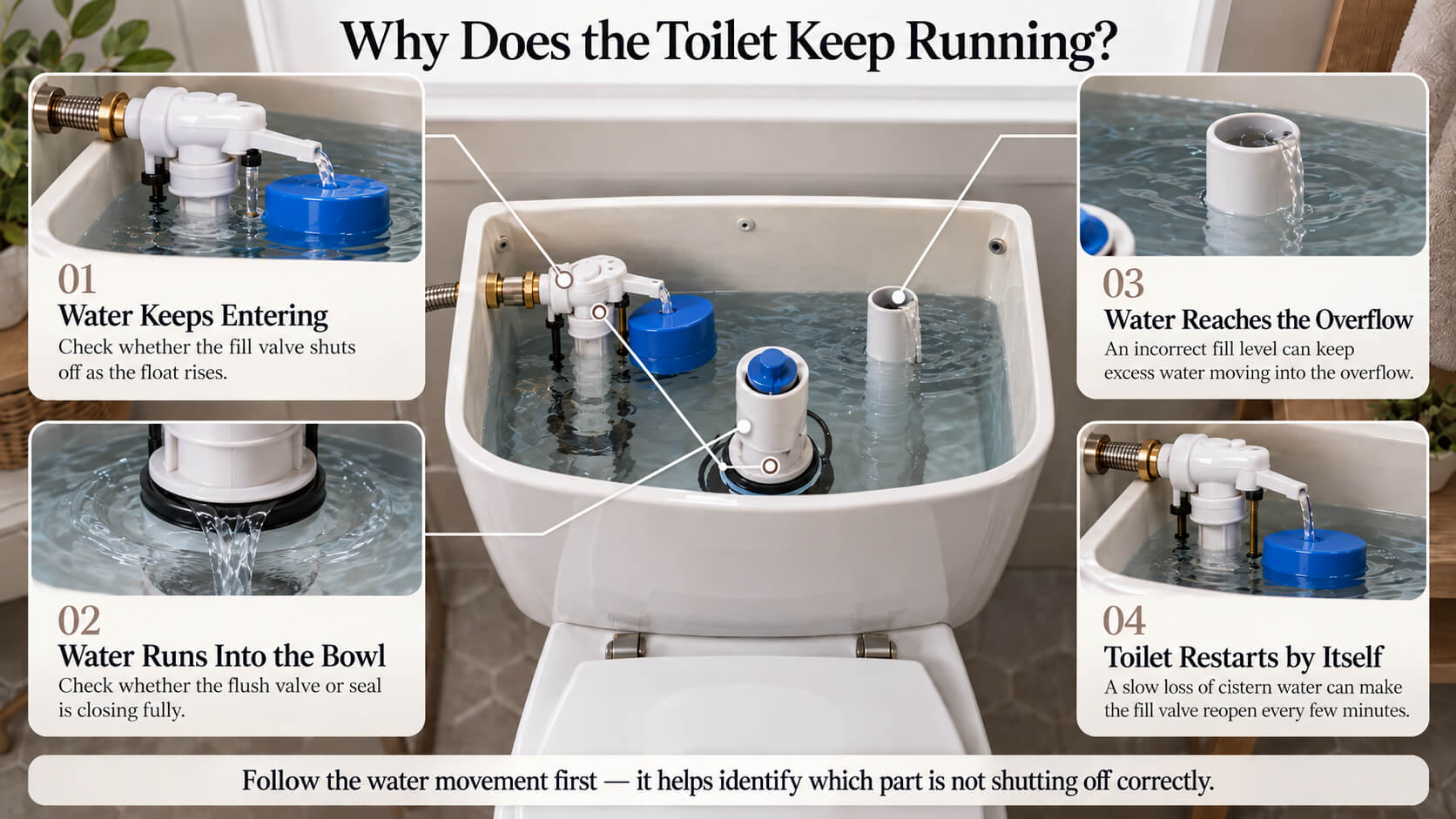 Infographic showing the main reasons a toilet can keep running after a flush