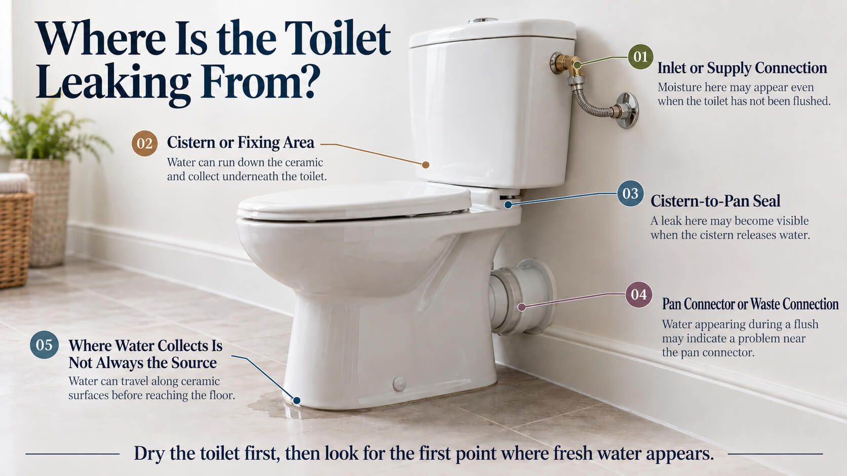 Infographic showing common locations where a toilet may leak