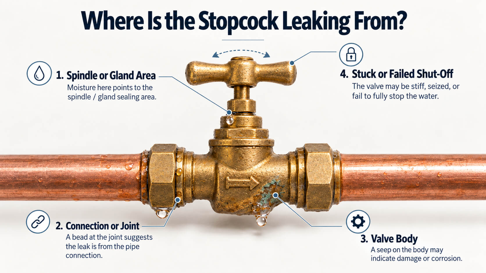 Infographic showing the main locations where an internal stopcock can leak