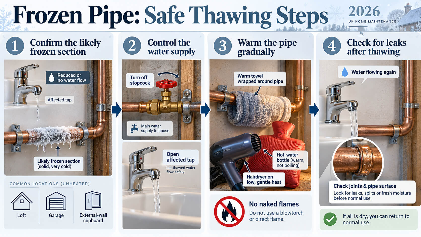 Infographic showing safe steps for thawing a frozen household water pipe