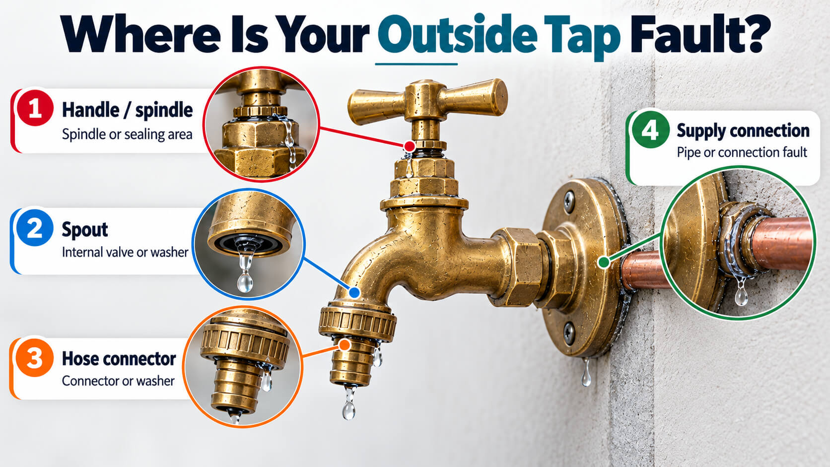 Infographic showing common fault locations on a leaking outside tap