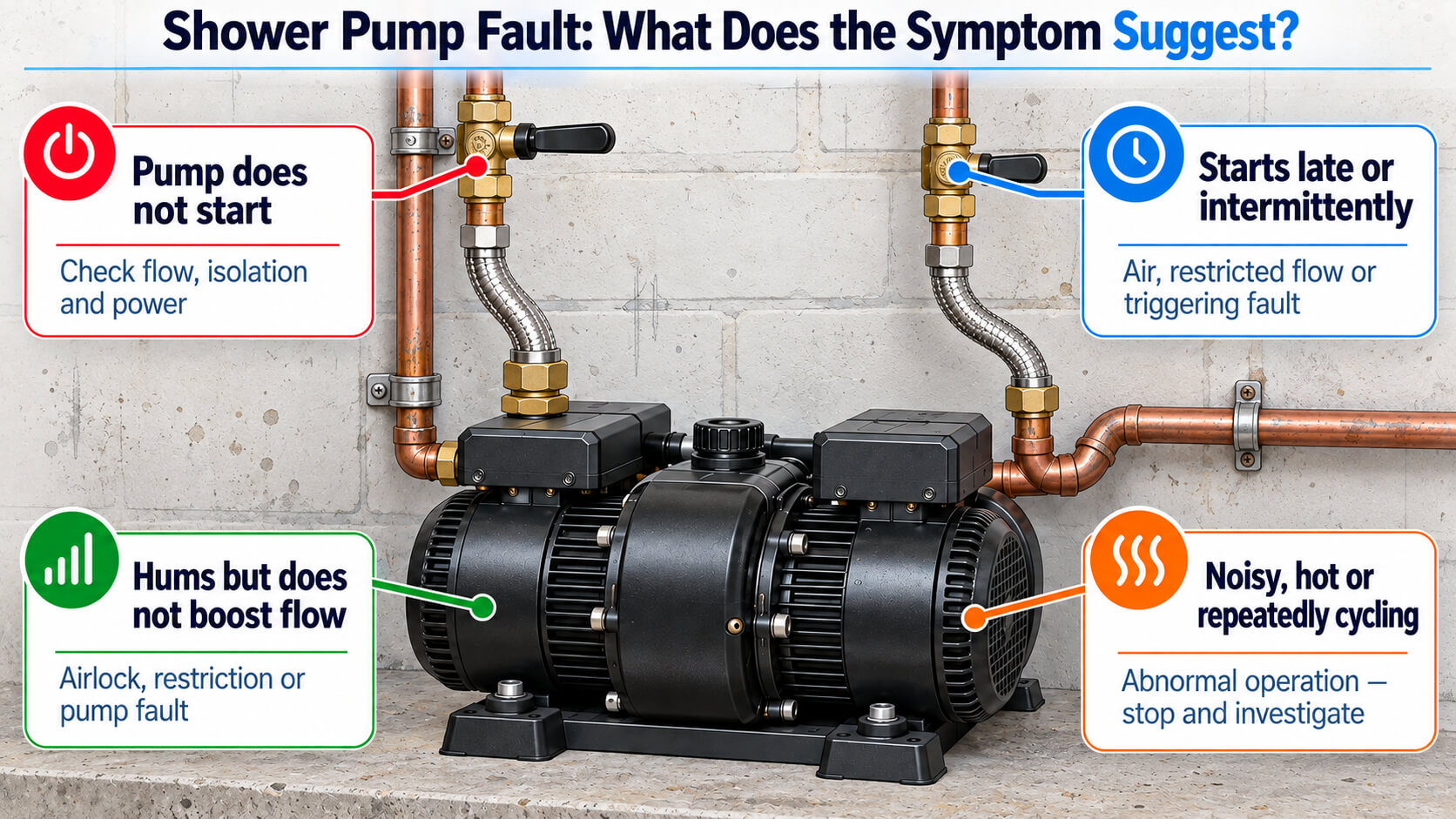 Infographic showing common symptoms and likely causes of a shower pump fault