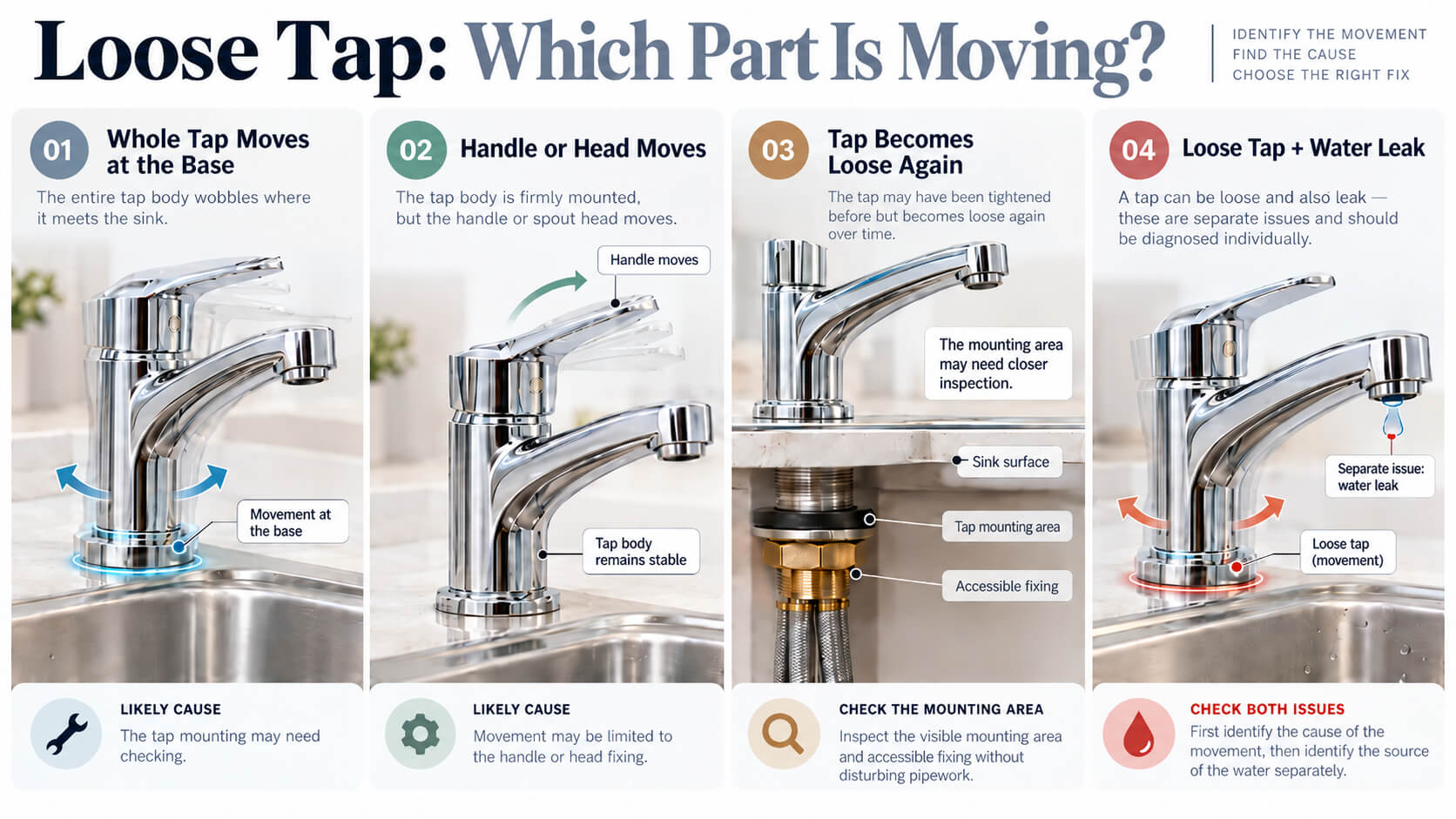 Infographic showing how to identify which part of a loose tap is moving