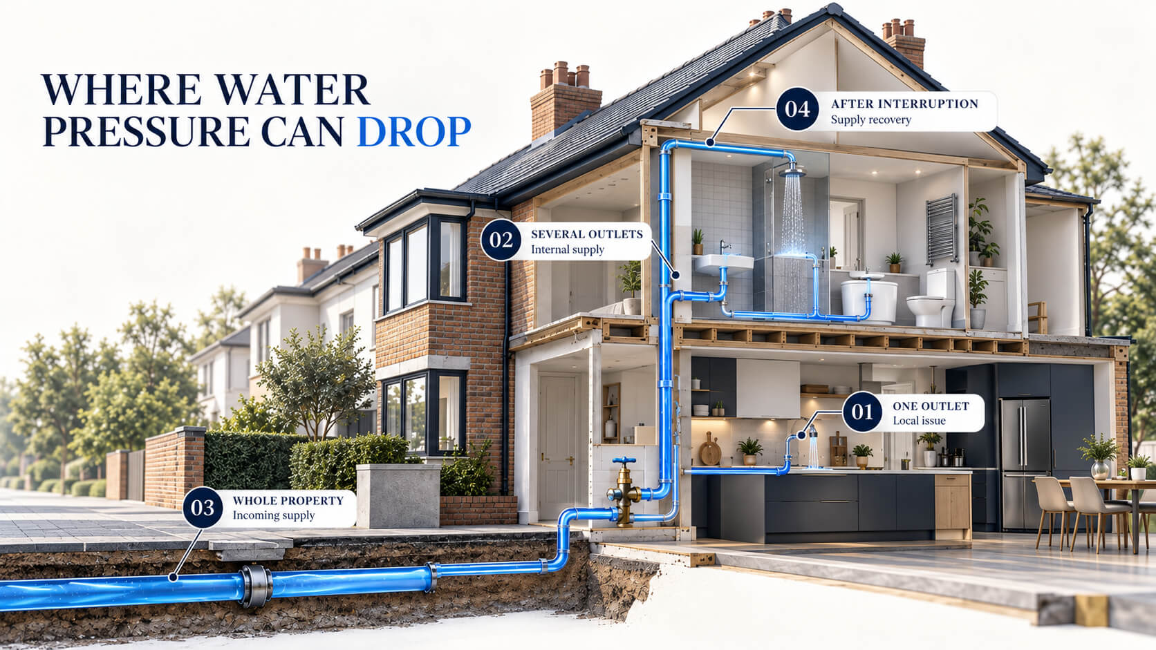 Cutaway house diagram showing where low water pressure can occur in the water supply