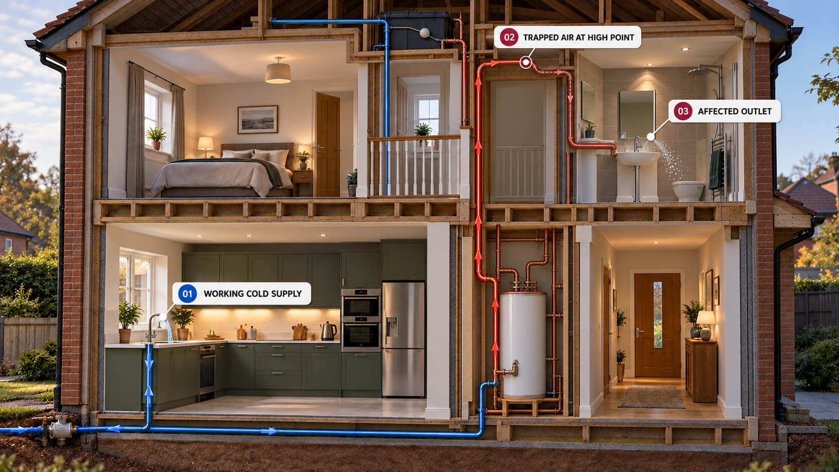 Cutaway UK home plumbing system showing trapped air interrupting hot water flow to a bathroom tap