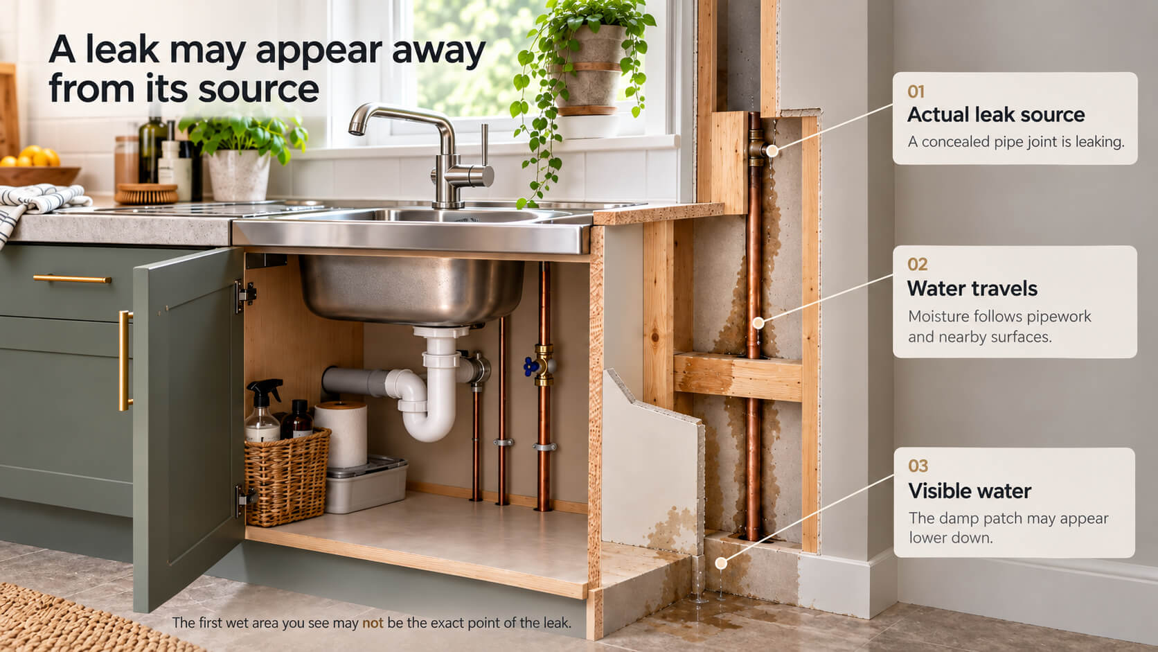 Cutaway UK home plumbing showing a leaking water pipe joint and water travelling before becoming visible