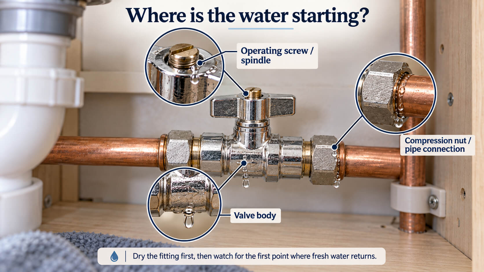 Infographic showing how to identify leaks from an isolation valve spindle, valve body and compression connection