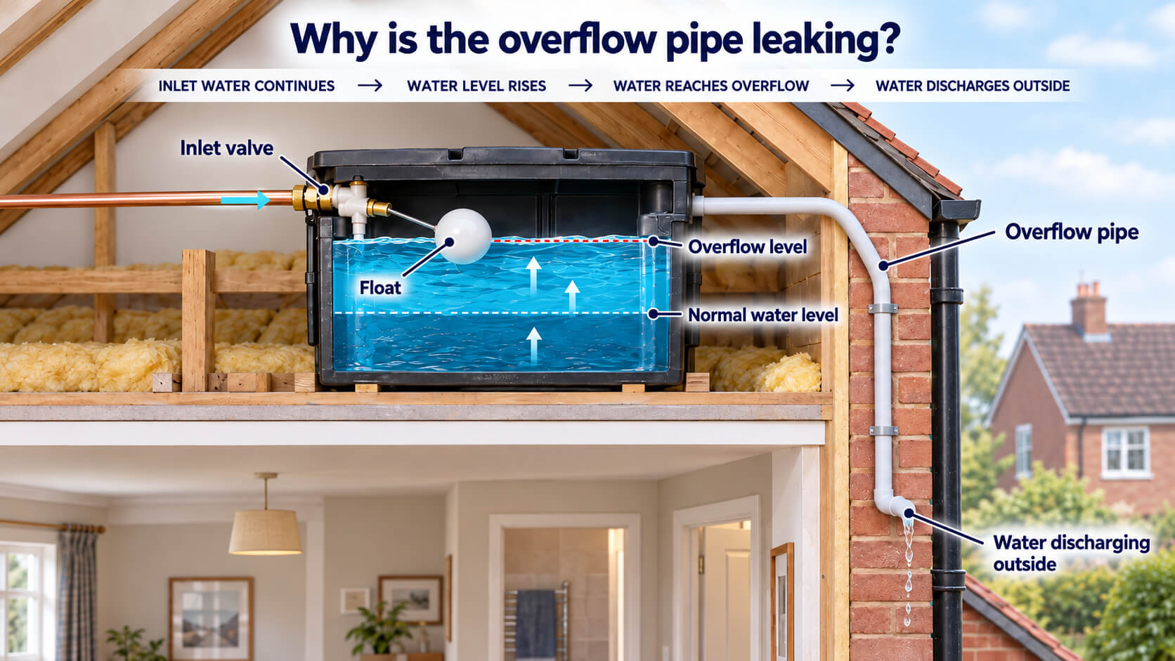 Infographic showing how an overflowing domestic water cistern can discharge through an outside overflow pipe