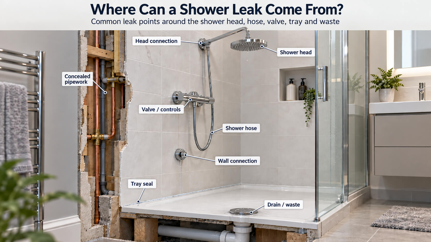 Infographic showing common shower leak points including the shower head, hose, valve, tray and drain