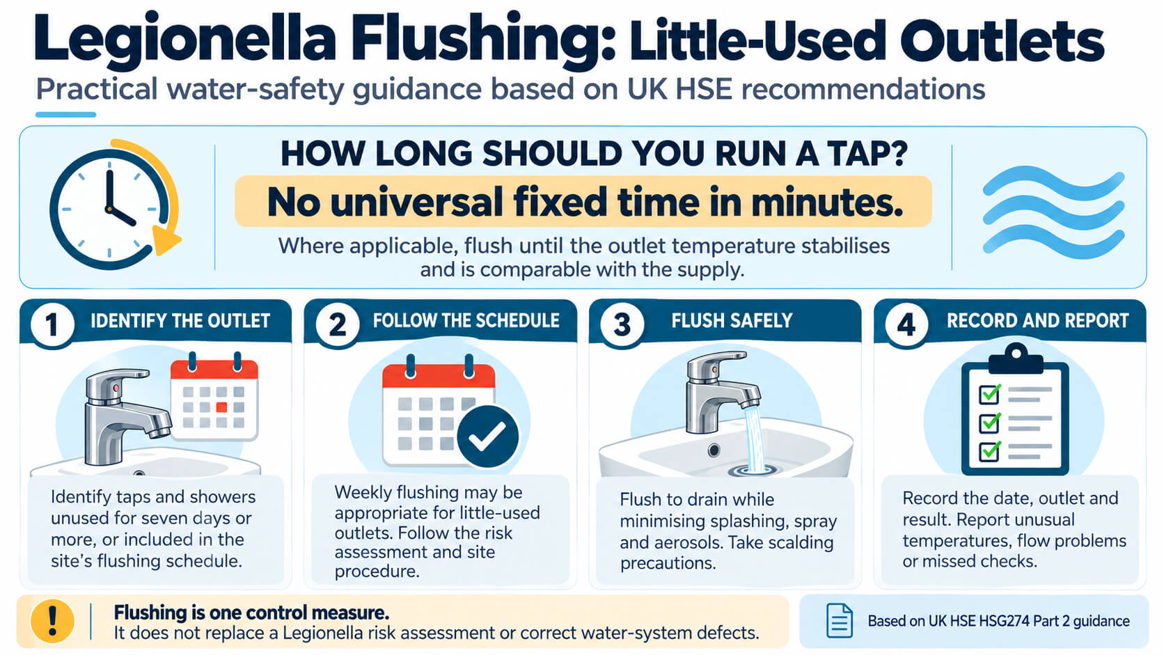 Legionella flushing infographic explaining how long to run little-used taps, weekly flushing schedules, safe water flow and recording checks.